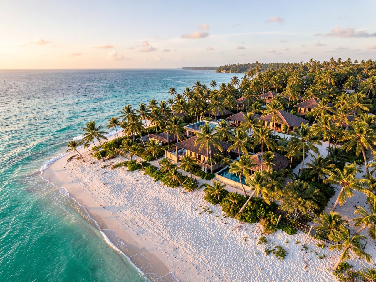 Aerial view of the Ocean's Edge beachfront property and palms