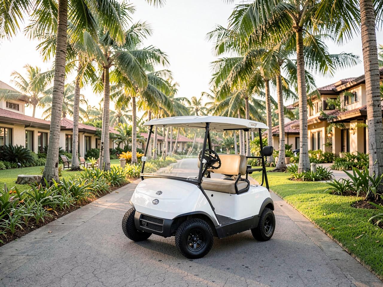 Golf cart on a palm-lined path through the resort
