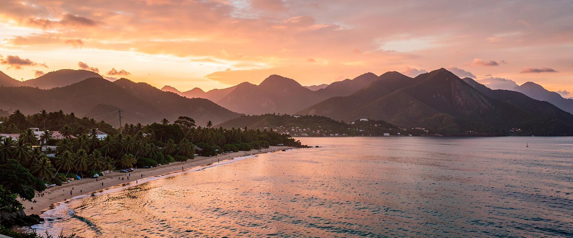 Sunset over the coastline and mountains near Frigate Bay, St. Kitts