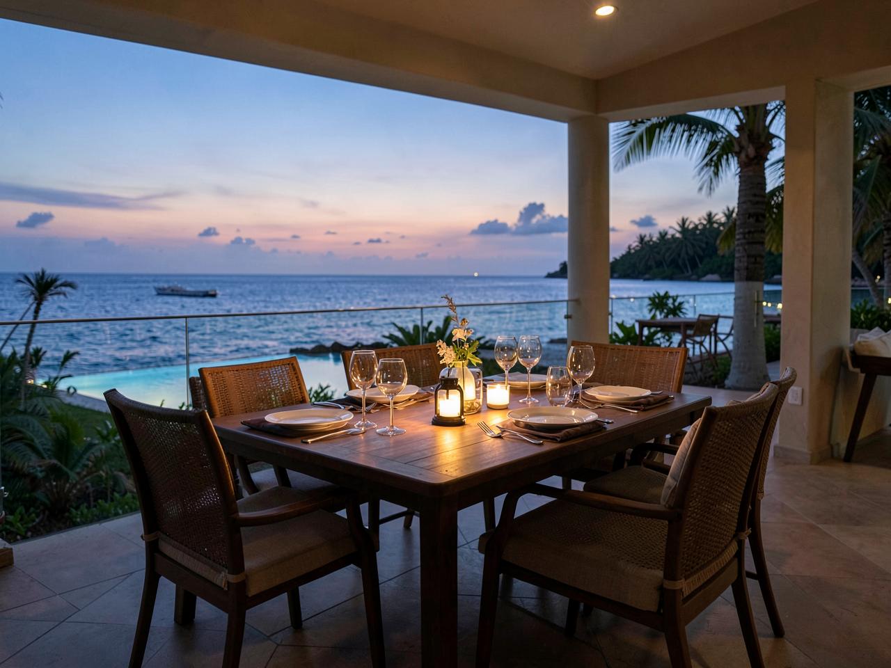 Terrace dinner at dusk overlooking the sea